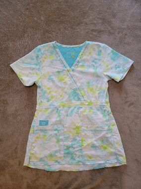 Easy Fit XS Scrub Top Short Sleeve Pockets Medical Nurse Uniform blue spring